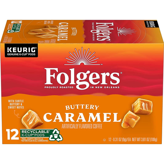 Folgers Keurig k-cup, Buttery Caramel Flavored Medium Roast, 12 pods/box