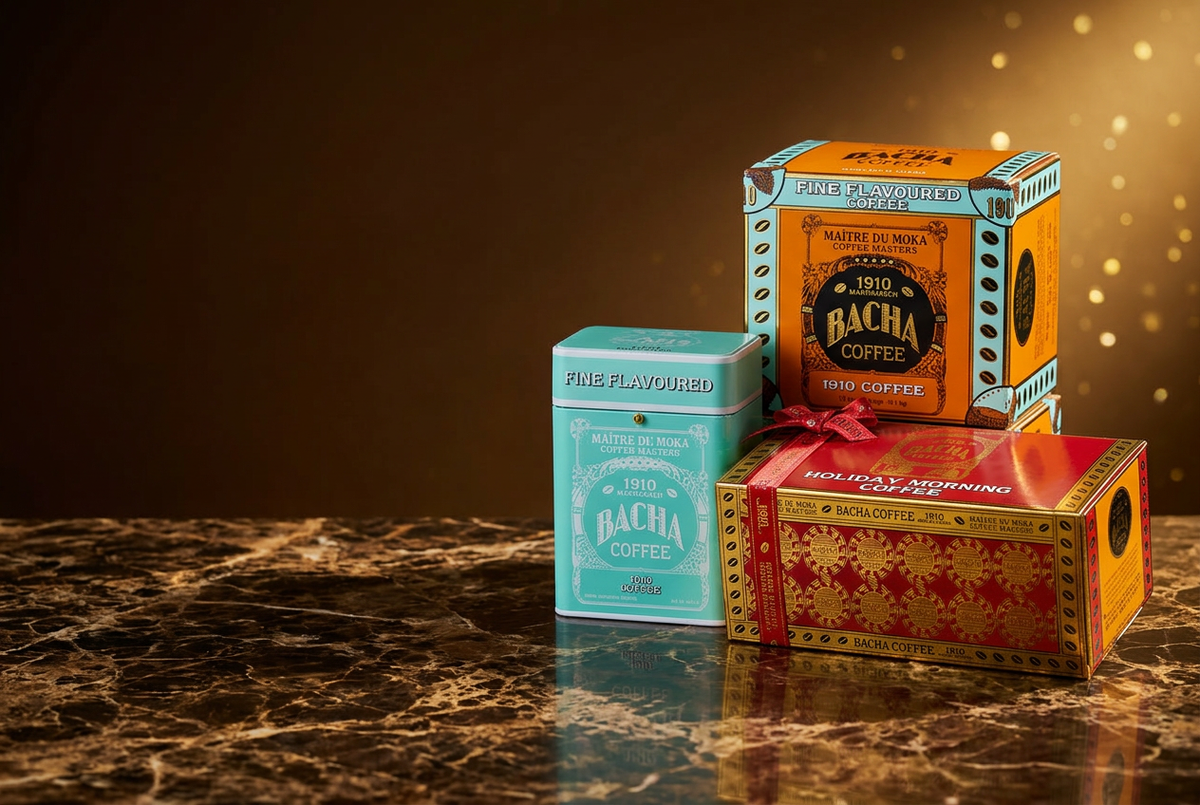 Bacha promo combining drip coffee, Nomad collection, and Holiday Morning