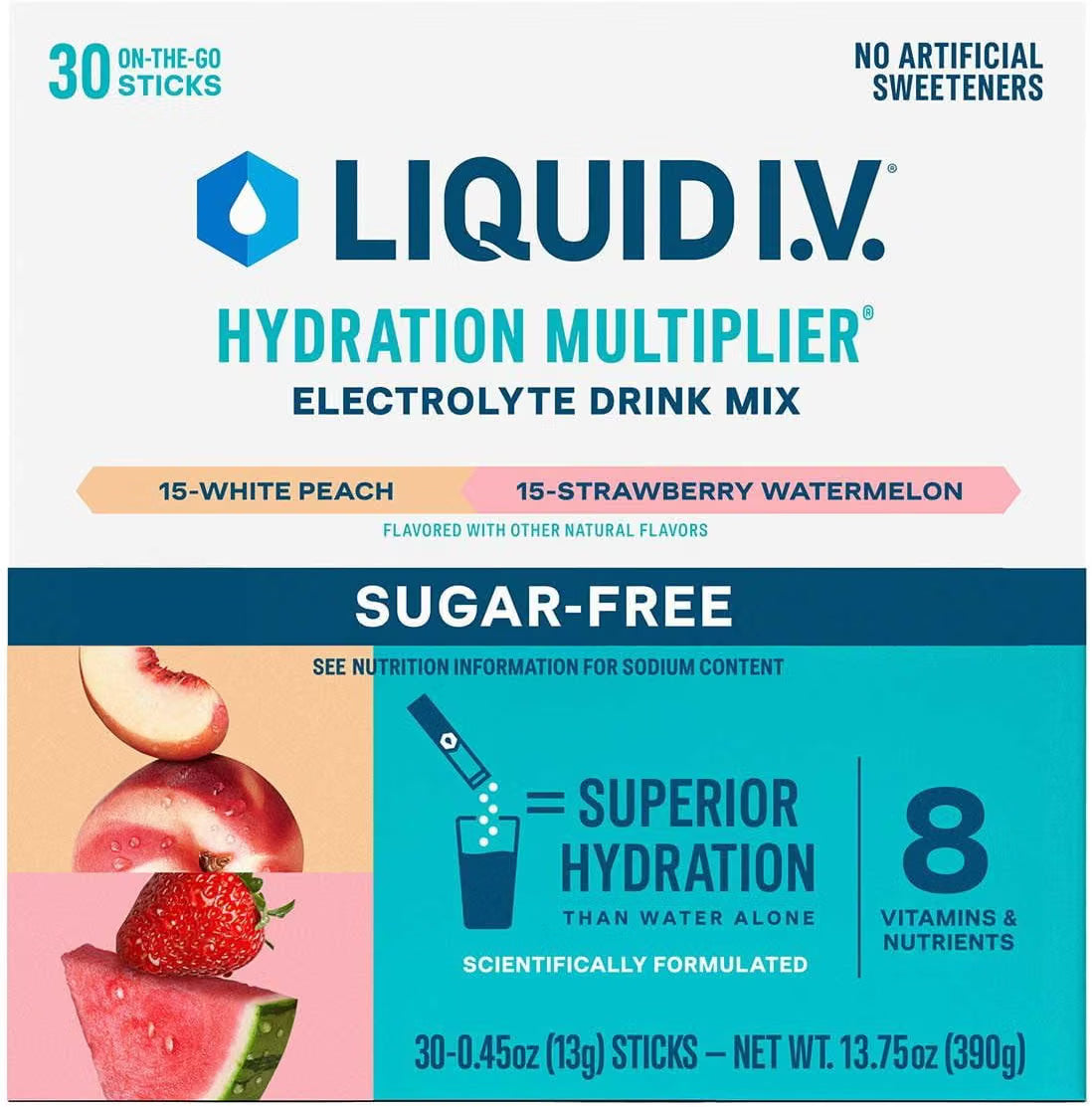 Liquid I.V. Sugar-free Hydration Multiplier Electrolyte Mix, White Peach + Strawberry Watermelon Variety Pack, 30 packets/box
