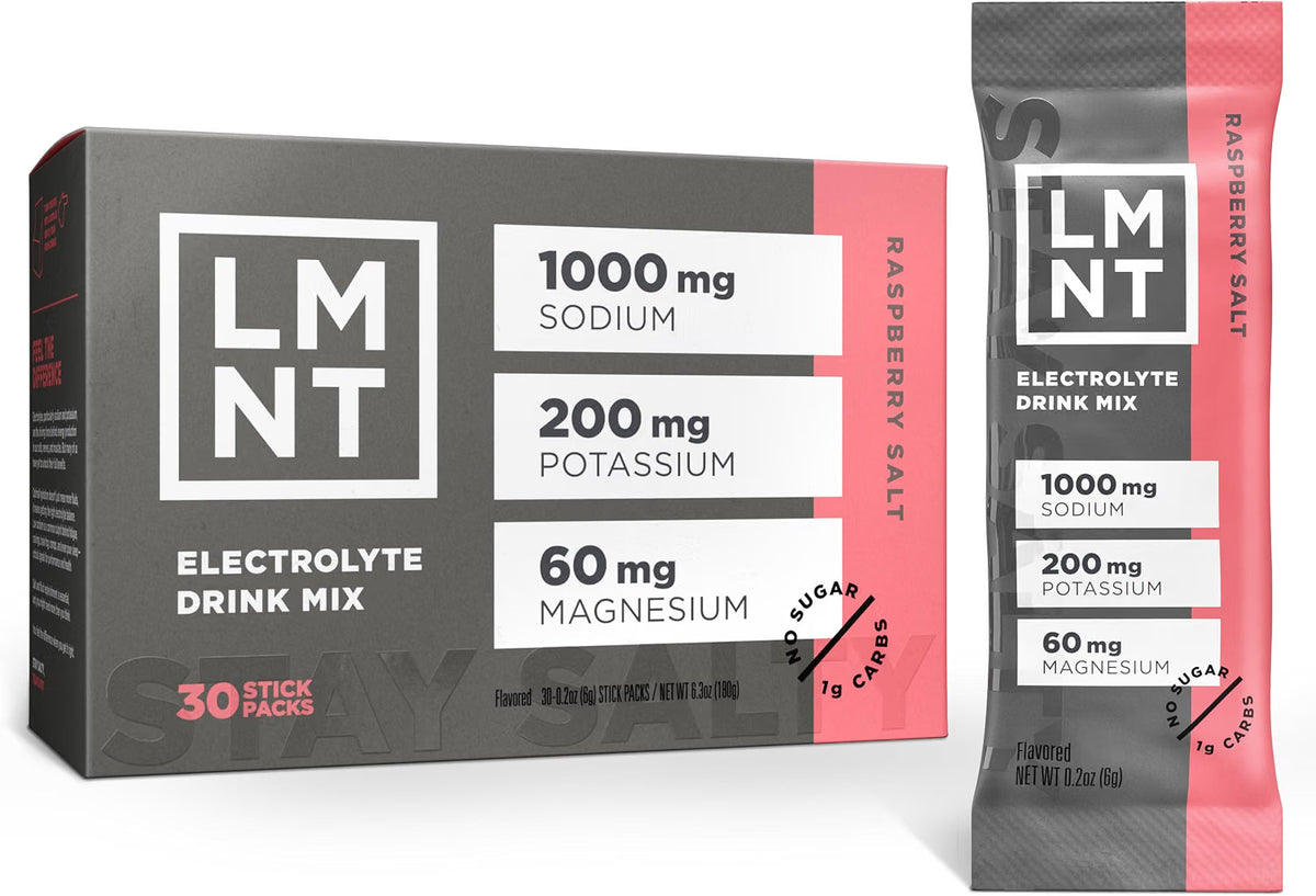 LMNT Raspberry Salt Zero Sugar Electrolytes, 30 sticks/box