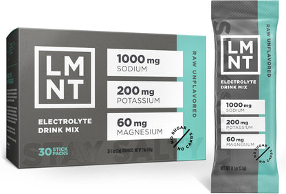 LMNT Raw Unflavored Salt Zero Sugar Electrolytes, 30 sticks/box