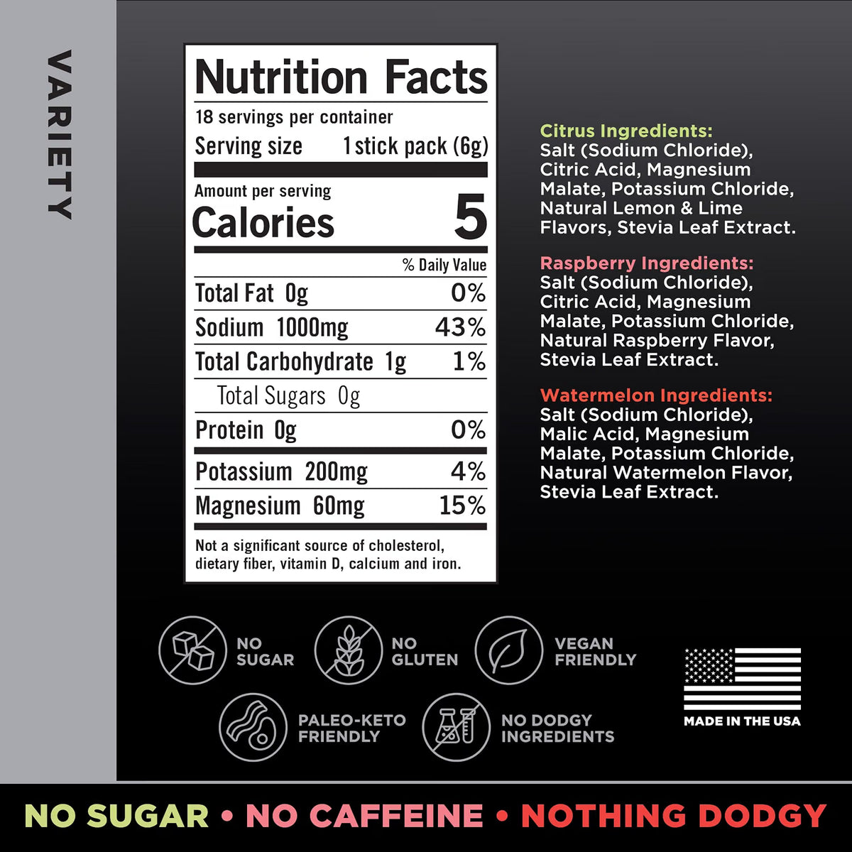 LMNT Zero Sugar Electrolytes Variety Pack, 18 sticks/box