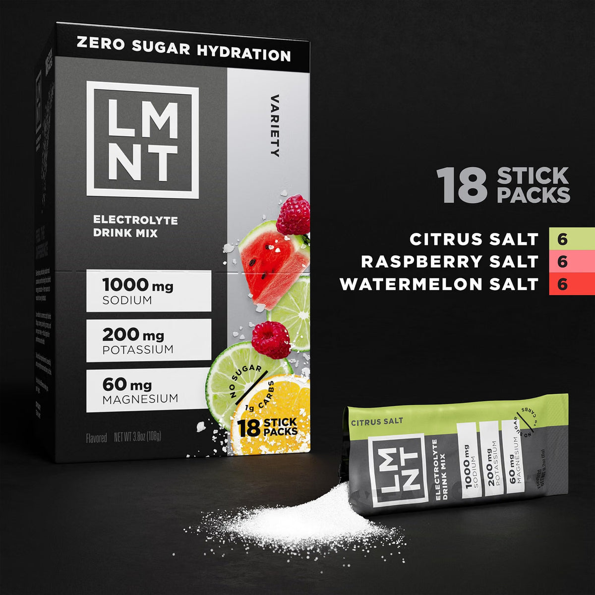 LMNT Zero Sugar Electrolytes Variety Pack, 18 sticks/box